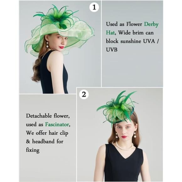 Women Organza Church Tea Party Hats Floral Light Green main image 6